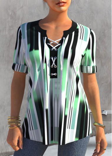 Black tops,Geometric tops,ROTITA Lace Up Striped Black Short Sleeve Blouse