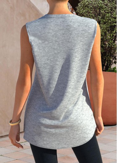 Plain Color tops,ROTITA Lace Stitching Grey Marl Button Detail Tank Top