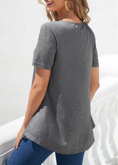Grey tops,Plain Color tops,ROTITA Decorative Button Grey Short Sleeve Contrast T Shirt
