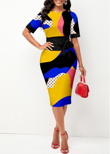 Multi Color dresses,Geometric dresses,ROTITA Graffiti Print Tie Front Multi Color Dress