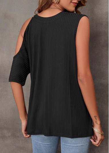 Black tops,Plain Color tops,Cold Shoulder Black Quarter Zip T Shirt