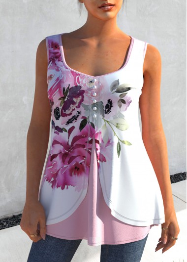 Light Pink tops,Floral tops,ROTITA Faux Two Piece Floral Print Light Pink Tank Top