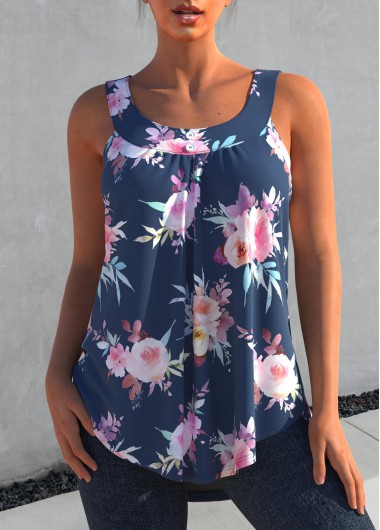 Blue tops,Floral tops,ROTITA Floral Print Wide Strap Blue Tank Top