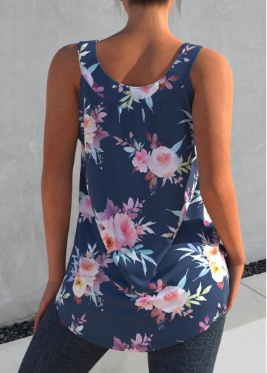 Blue tops,Floral tops,ROTITA Floral Print Wide Strap Blue Tank Top