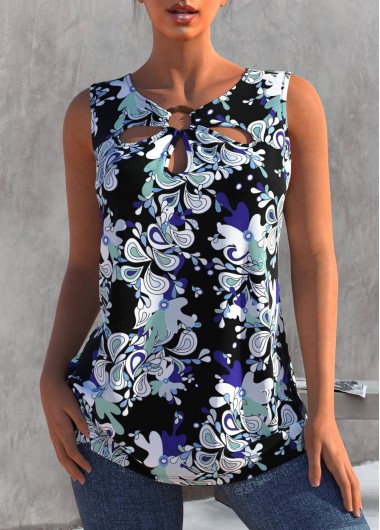 Black tops,Floral tops,ROTITA Floral Print Black Cage Neck Tank Top