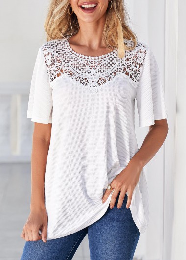 White tops,Plain Color tops,ROTITA Lace Patchwork White Short Sleeve T Shirt