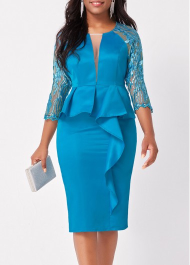Peacock Blue dresses,Plain Color dresses,ROTITA Ruffle Hem Peacock Blue Embroidered Dress