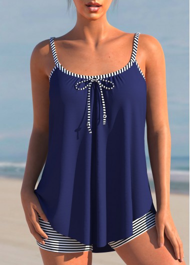 Navy swimwear,Striped swimwear,ROTITA Navy Blue Striped Bowknot Tankini Set