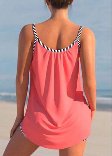 Coral swimwear,Striped swimwear,ROTITA Striped Coral Red Bowknot Tankini Set