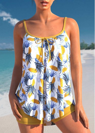 Yellow swimwear,Plain Color swimwear,ROTITA Yellow Leaf Print Bowknot Tankini Set