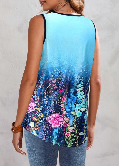 Blue tops,Floral tops,ROTITA Floral Print V Neck Blue Tank Top