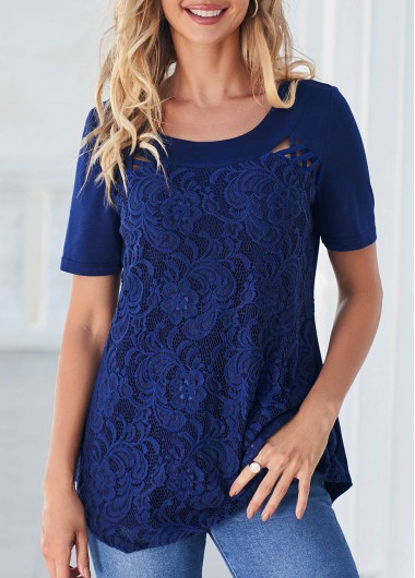 Plain Color tops,ROTITA Navy Blue Lace Stitching Cross Strap T Shirt