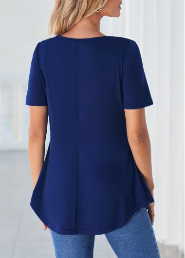 Plain Color tops,ROTITA Navy Blue Lace Stitching Cross Strap T Shirt