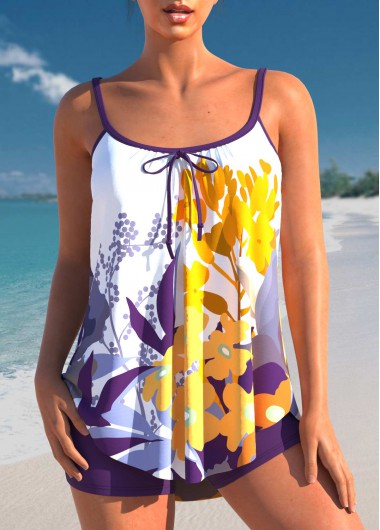 Purple swimwear,Floral swimwear,ROTITA Floral Print Purple Bowknot Tankini Set