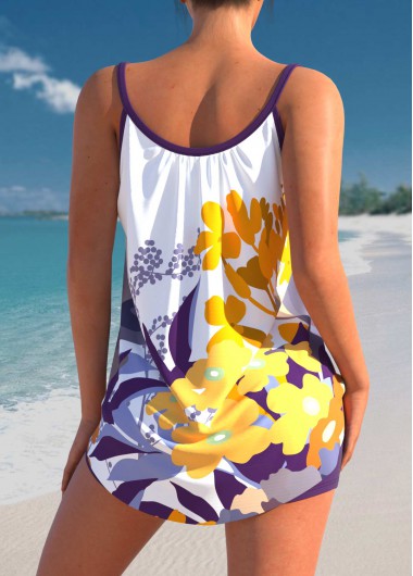 Purple swimwear,Floral swimwear,ROTITA Floral Print Purple Bowknot Tankini Set