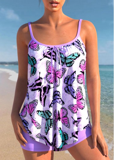 Purple swimwear,Animal Print swimwear,ROTITA Purple Butterfly Print Spaghetti Strap Tankini Set