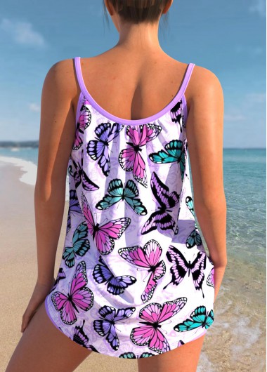 Purple swimwear,Animal Print swimwear,ROTITA Purple Butterfly Print Spaghetti Strap Tankini Set
