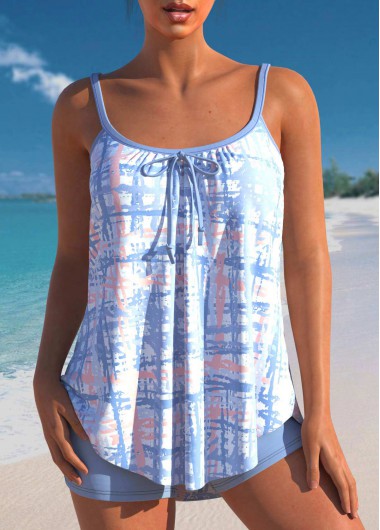 Dusty Blue swimwear,Graphic swimwear,ROTITA Printed Dusty Blue Bowknot Tankini Set