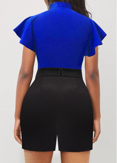 Plain Color jumpsuits & rompers,ROTITA Color Block Tie Neck Ruffle Sleeve Romper