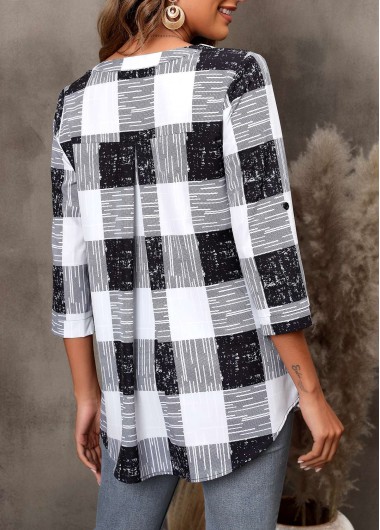 Black tops,Plaid tops,ROTITA Plaid Black Split Neck 3/4 Sleeve Blouse