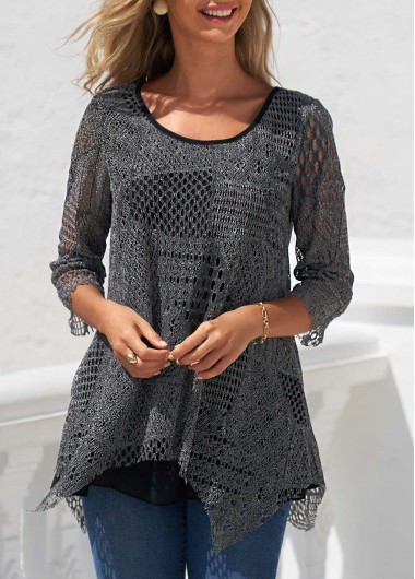 Dark Grey tops,Plain Color tops,ROTITA Asymmetric Hem Textured Black Round Neck T Shirt