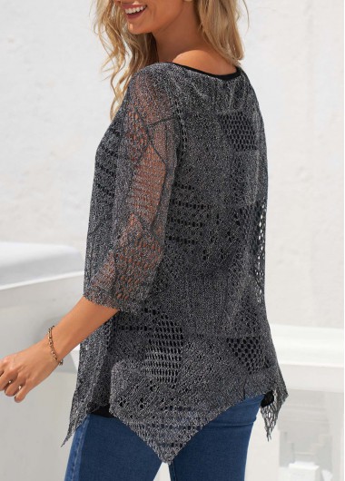 Dark Grey tops,Plain Color tops,ROTITA Asymmetric Hem Textured Black Round Neck T Shirt