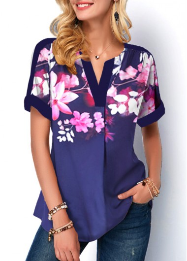 Floral tops,ROTITA Floral Print Navy Blue Split Neck Blouse