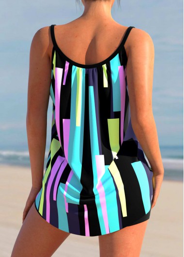 Multi Color swimwear,Geometric swimwear,ROTITA Geometric Print Color Block Bowknot Tankini Set