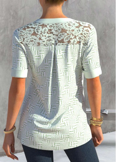 White tops,Geometric tops,ROTITA Lace Stitching Striped Short Sleeve White Blouse