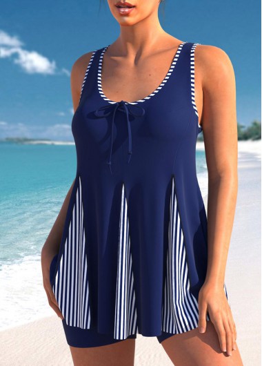 Navy swimwear,Striped swimwear,ROTITA Stripe Print Bowknot Navy Blue Tankini Set