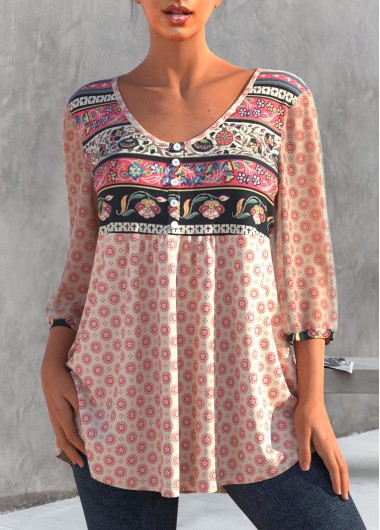 Light Pink tops,Tribal tops,ROTITA Button Detail Tribal Print Peach Pink T Shirt