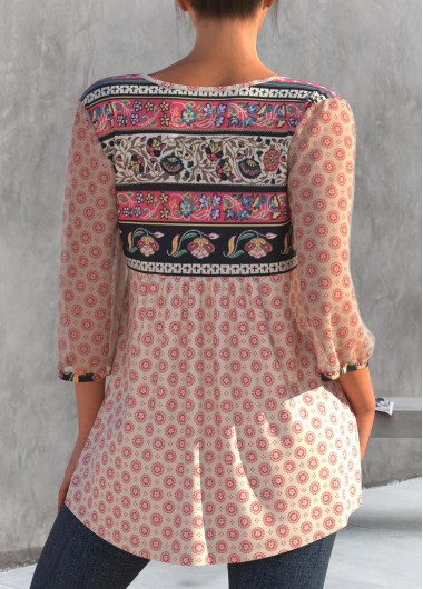 Light Pink tops,Tribal tops,ROTITA Button Detail Tribal Print Peach Pink T Shirt