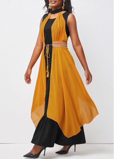 Ginger dresses,Plain Color dresses,ROTITA Tie Front Ginger Halter Ruffle Hem Belted Dress