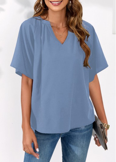 Blue tops,Plain Color tops,Split Neck Blue Butterfly Sleeve Blouse