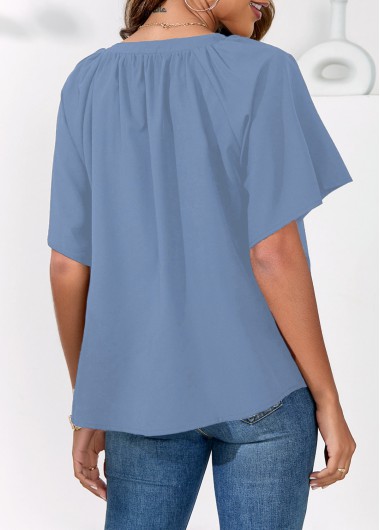 Blue tops,Plain Color tops,Split Neck Blue Butterfly Sleeve Blouse