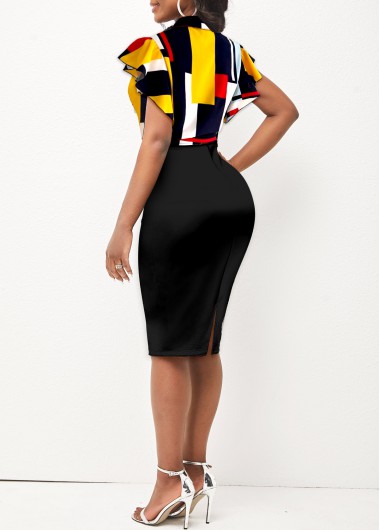 Black dresses,Geometric dresses,ROTITA Geometric Print Tie Front Black Dress