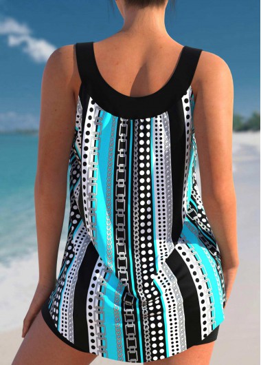 Cyan swimwear,Geometric swimwear,ROTITA Stripe Print Wide Strap Cyan Tankini Set