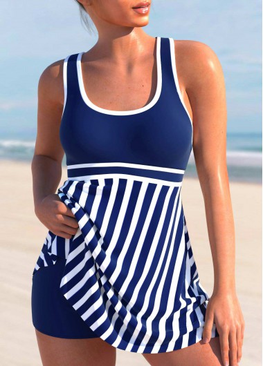 Navy swimwear,Striped swimwear,ROTITA Cross Strap Navy Blue Striped Swimdress and Shorts