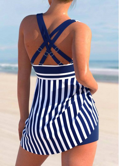 Navy swimwear,Striped swimwear,ROTITA Cross Strap Navy Blue Striped Swimdress and Shorts