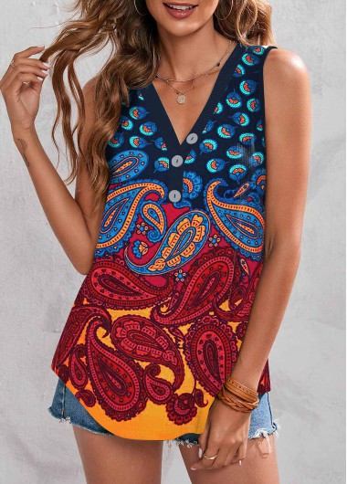 Multi Color tops,Paisley tops,ROTITA V Neck Paisley Print Button Detail Tank Top