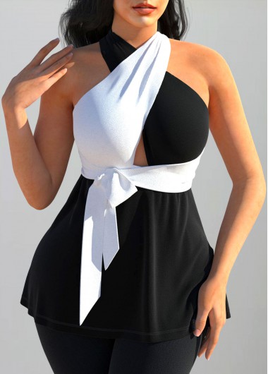 Black tops,Contrast Color tops,ROTITA Cross Halter Black Tie Side Tank Top