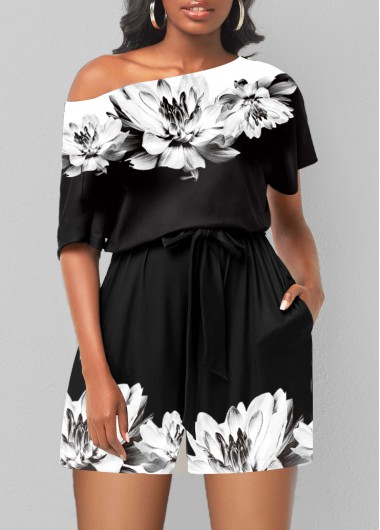 Black jumpsuits & rompers,Floral jumpsuits & rompers,Black Double Side Pockets Floral Print Romper