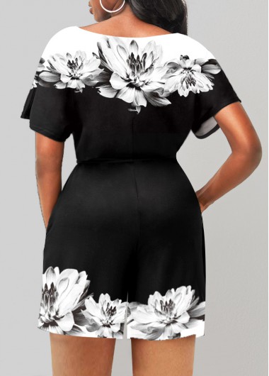 Black jumpsuits & rompers,Floral jumpsuits & rompers,Black Double Side Pockets Floral Print Romper