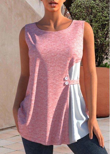 Light Pink tops,Plain Color tops,ROTITA Decorative Button Light Pink Tank Top