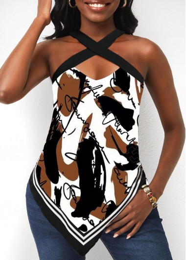 Multi Color tops,Graphic tops,ROTITA Multi Color Brush Stroke Print Cross Strap Blouse