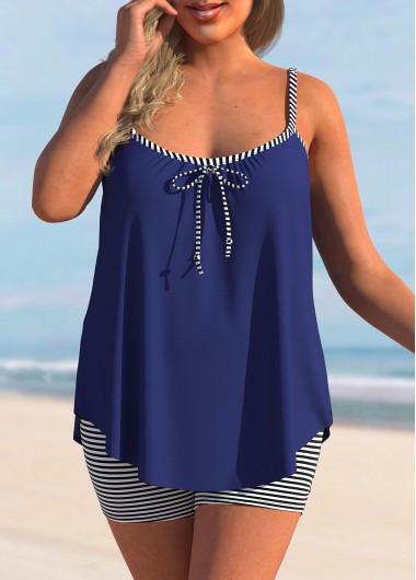 Navy plus size,Striped plus size,ROTITA Navy Blue Striped Bowknot Plus Size Tankini Set