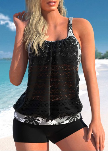 Black swimwear,Plants swimwear,ROTITA Leaf Print Lace Stitching Black Tankini Set