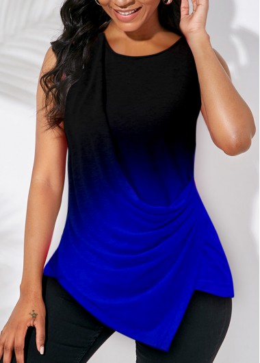 Ombre tops,ROTITA Asymmetric Hem Ombre Color Block Round Neck T Shirt