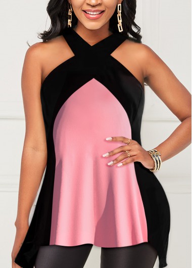 Pink tops,Plain Color tops,ROTITA Front Cross Pink Sleeveless Tank Top