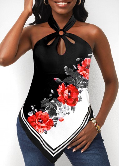 Black tops,Floral tops,ROTITA Floral Print Black Halter Asymmetric Hem Tank Top